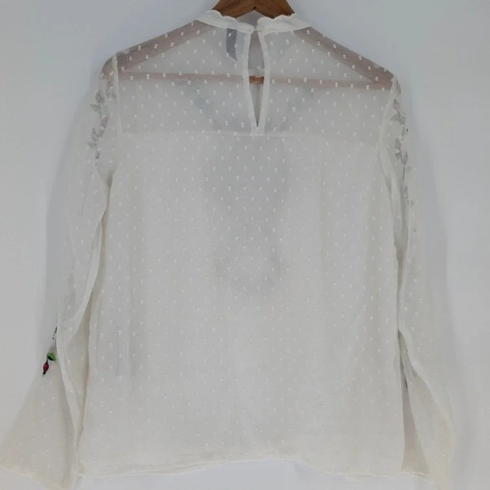 Y.A.S Yasmolia White Swiss‎ Dot Floral Embroidered High Neck Blouse Top Size M